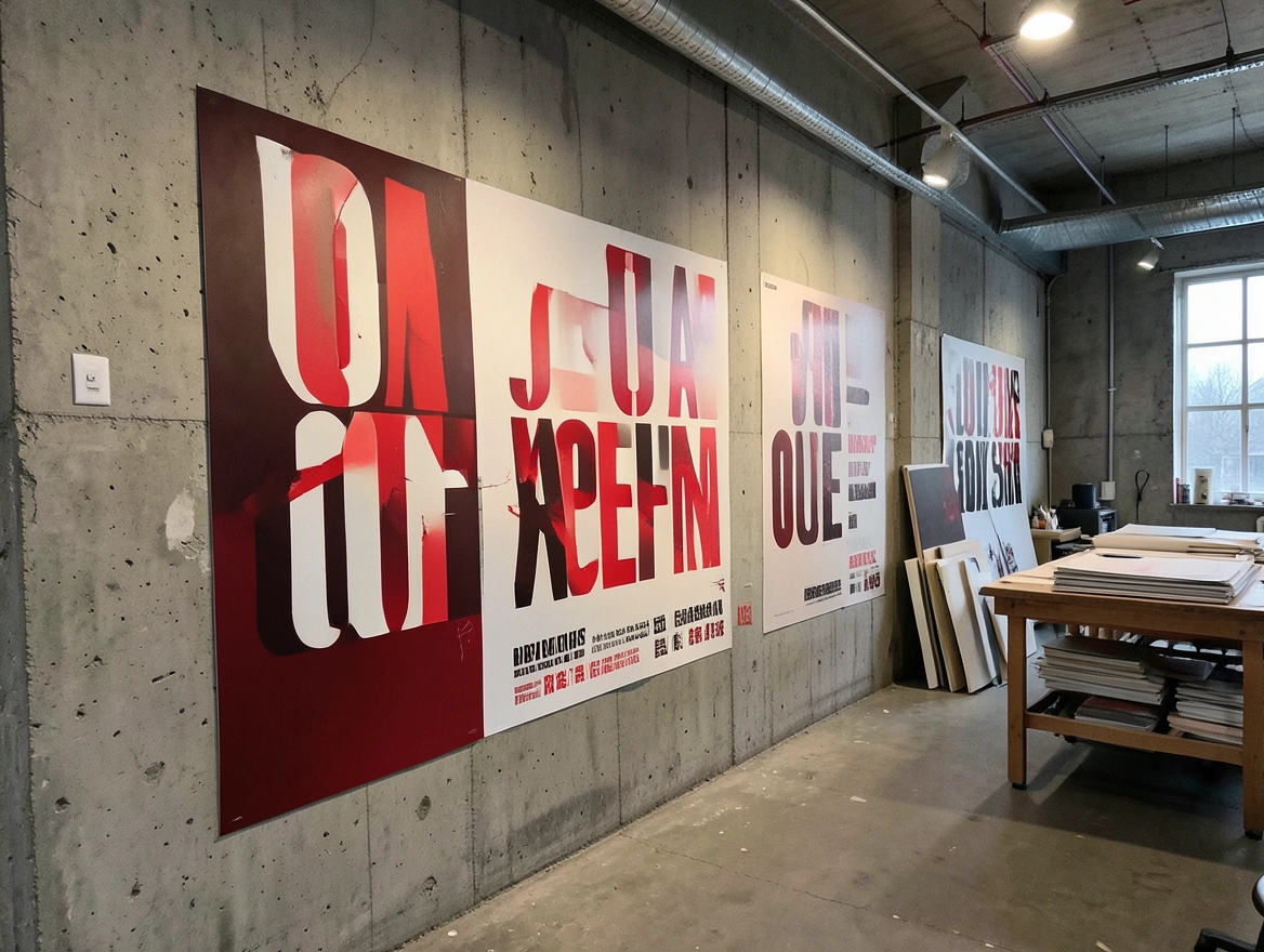 Mur d'affiches grand format dans l'atelier d'impression