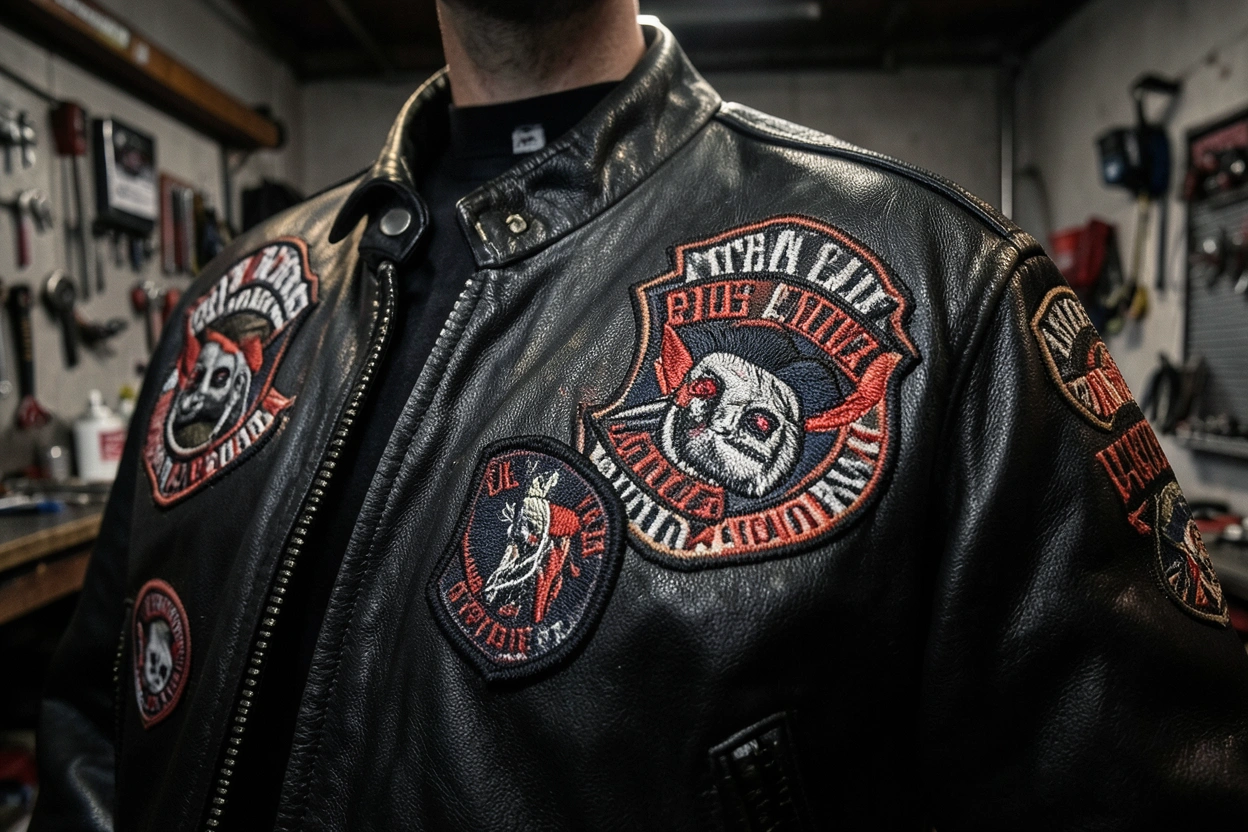 Patches motards sur veste cuir