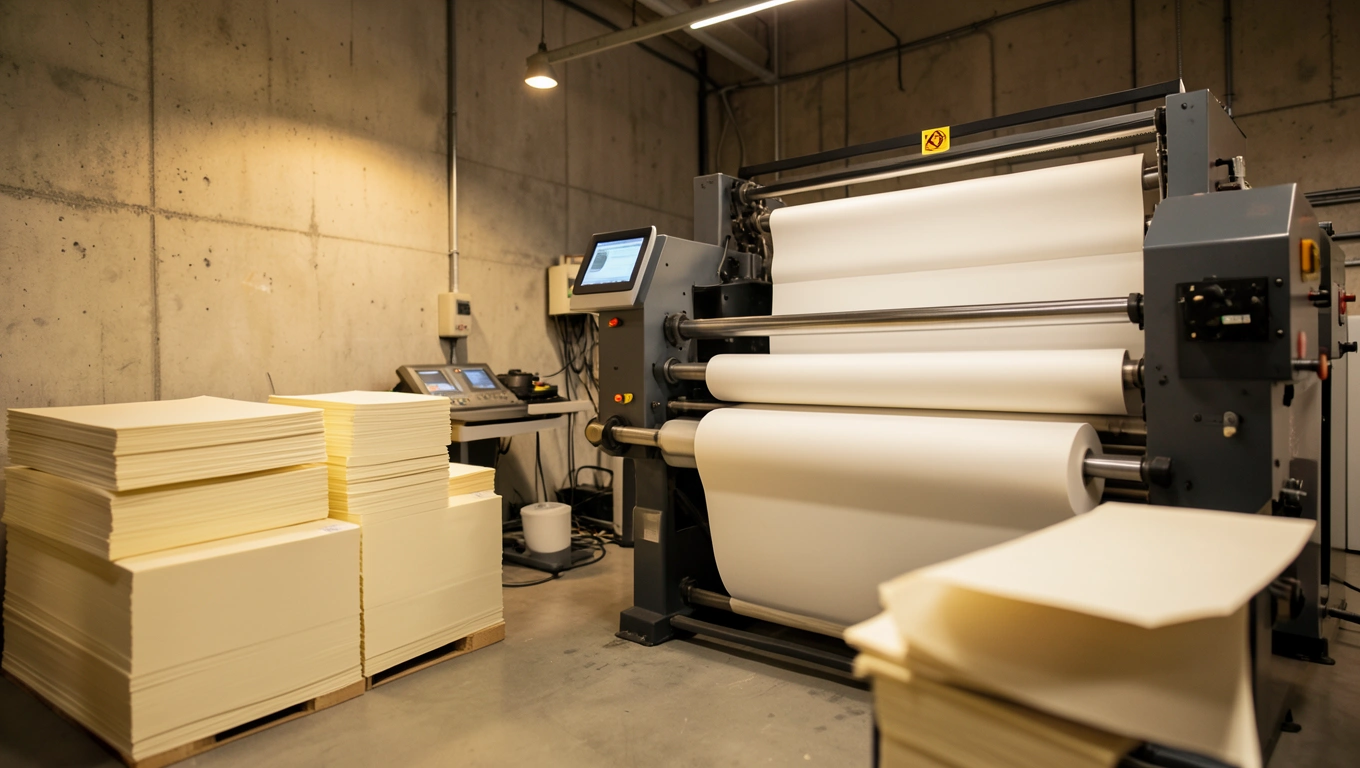 Atelier d'impression Lasi Pap, presse numérique et papiers empilés