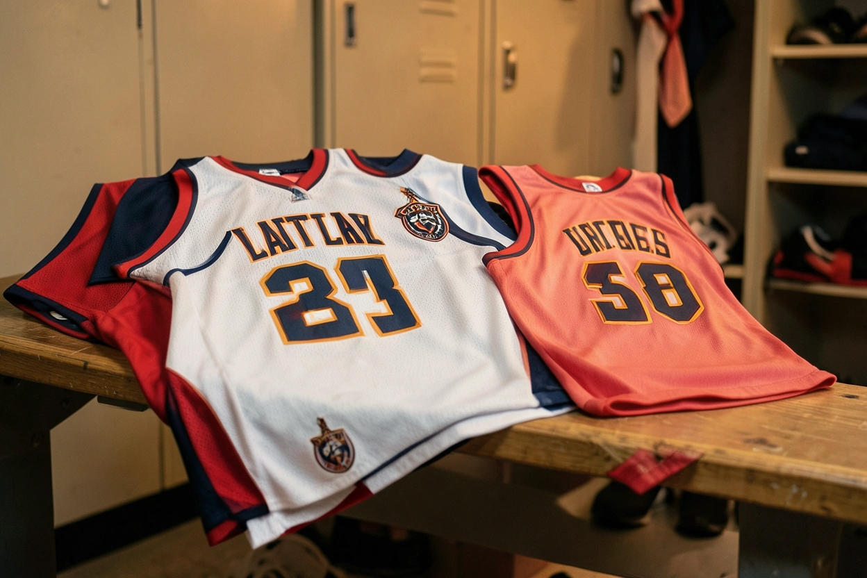 Maillots de basket imprimés sur banc de vestiaire